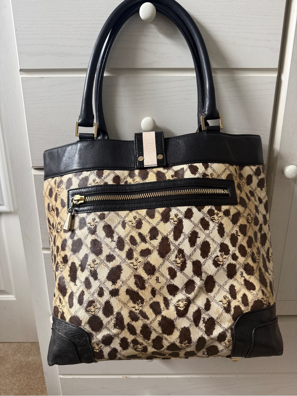 L.A.M.B by Gwen Stefani Leopard Print Canvas & Leather Tote Bag Y2K - Picture 4 of 7